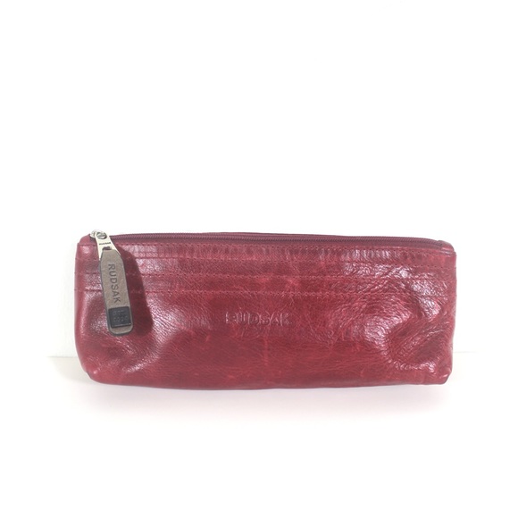 Red Leather RUDSAK Baina Cosmetic Pouch Small Bag Clutch Distressed Pencil Case - Picture 1 of 8